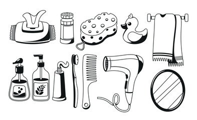 Hygiene Items Monochrome Icons Set. Essential Products For Personal Cleanliness, Such As Soap, Toothbrush, Toothpaste