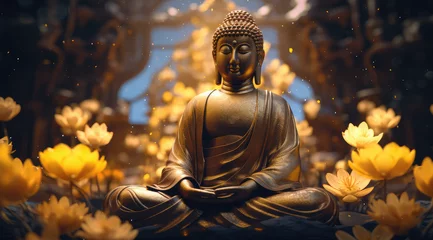 Zelfklevend Fotobehang glowing buddha in mediation and lotuses flowers, generative AI © Kien