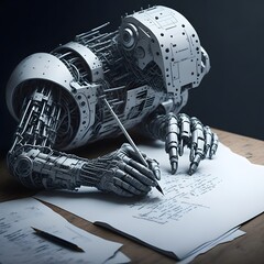 A robotic hand flawlessly scribing intricate algorithms, a fusion of precision and technology.