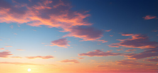 Fototapeta premium Sky at sunset, sky at sunrise, clouds, orange clouds cirrus clouds, cumulus clouds, sky gradient, sky background at dusk, twilight, nightfall, pink sky, pink clouds, sun, environment, background