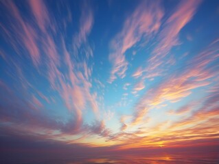 Obraz premium Sky at sunset, sky at sunrise, clouds, orange clouds cirrus clouds, cumulus clouds, sky gradient, sky background at dusk, twilight, nightfall, pink sky, pink clouds, sun, environment, background