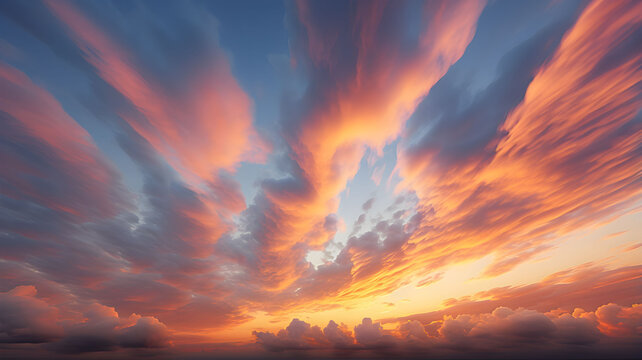 Sky at sunset, sky at sunrise, clouds, orange clouds cirrus clouds, cumulus clouds, sky gradient, sky background at dusk, twilight, nightfall, pink sky, pink clouds, sun, environment, background