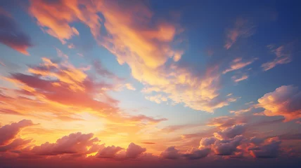 Fotobehang Sky at sunset, sky at sunrise, clouds, orange clouds cirrus clouds, cumulus clouds, sky gradient, sky background at dusk, twilight, nightfall, pink sky, pink clouds, sun, environment, background © Ncorp