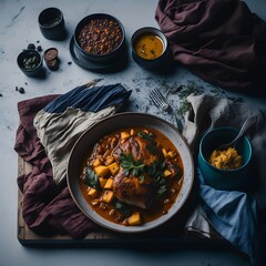 A heartwarming image of home cooking, where hearty dishes and nostalgic recipes come to life through a cozy, vintage lens, inviting you to savor the comfort of homemade delights. - obrazy, fototapety, plakaty