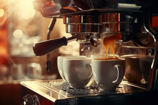 Coffee machine and fresh coffee scene, Close-up 