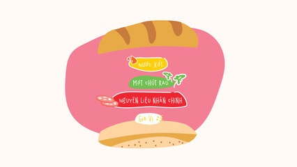 Vietnamese bread making process, baguette Vietnam,Hand drawn, Flat illustration