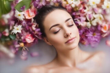 Close-up portrait of a girl with her eyes closed, lying in a spa tub with pink flowers
