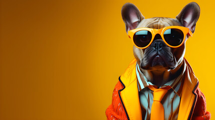 Cool looking French bulldog dog wearing funky fashion dress jacket, tie, glasses. Wide banner with space for text right side. Stylish animal posing as supermodel, Generative AI