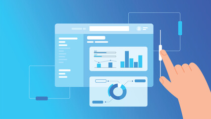 Vector website computer window with performance chart items and hand, technology gradient background, flat design