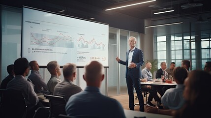 Business model giving a presentation, embodying confidence and charisma, set against a projector screen