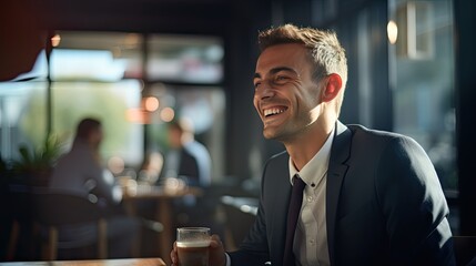 Business model having a light-hearted moment, laughing while in a cafe during a business meeting
