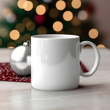 Blank white 11oz Mug cup Mockup, Christmas Background, Product photography, christmas tree, bokeh lights, blurred background, festive, presents
