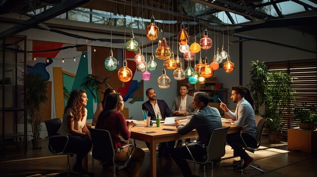 Business model in a brainstorming session, capturing creativity and innovation, set in a colorful collaborative space