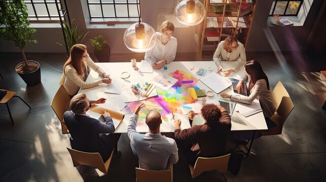 Business model in a brainstorming session, capturing creativity and innovation, set in a colorful collaborative space