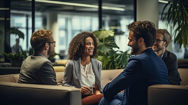 Business model in a candid moment, chatting with colleagues during a break, set in a communal office space