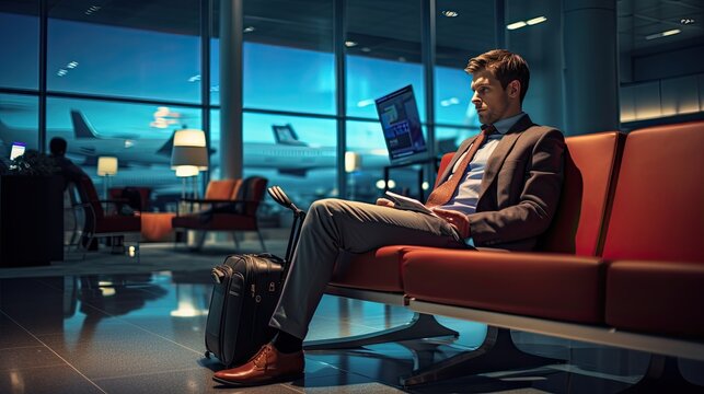 Business Model In An Airport Lounge, Showcasing The Essence Of A Global Business Traveler