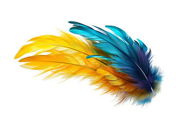 Blue and yellow feather PNG: A high-quality image of a colorful bird feather isolated on a transparent background - obrazy, fototapety, plakaty