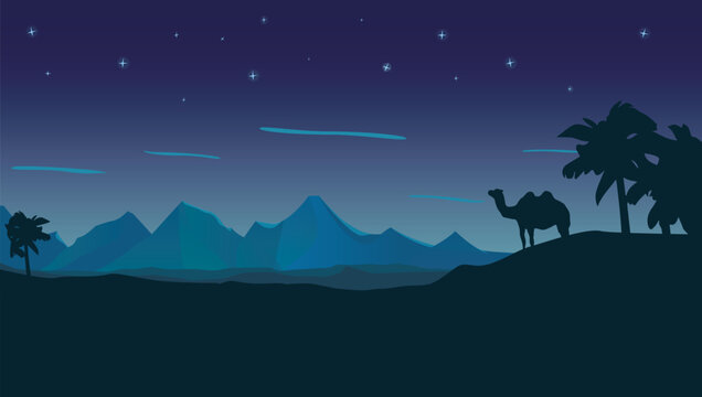 Night in the mountains. Vector illustration in cartoon style