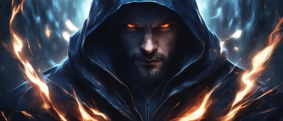 An evil man with a hood and light from his eyes stands in the dark, flashes of fire - obrazy, fototapety, plakaty