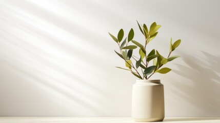 Wall  background in natural light minimalistic home  interior textured  in neutral colors. Vase and plants with podium stage mock up copy space banner graphic layout. Generative AI 