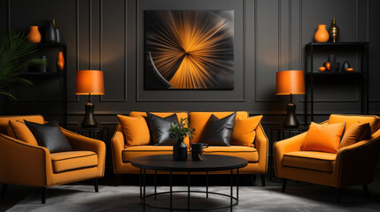 Elevate Your Living Experience: Relax in a Vibrant Oasis of Comfort with an Inviting Orange Sofa Set Against a Bold and Dramatic Black Wall
