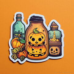 Halloween sticker with pumpkins and bottles of potion. Cute illustration