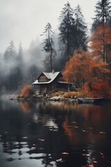 Fototapeta premium house on the lake in autumn