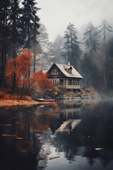 house on the lake in autumn