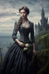 Victorian style clothes young woman on castle background - obrazy, fototapety, plakaty