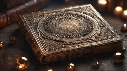 A large magic book in a gold binding on a wooden table, with a circle and gold embossing on the cover