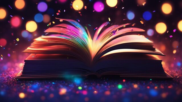 Opened book with pages in the air, multicolored neon dust all around, blurred background with baque