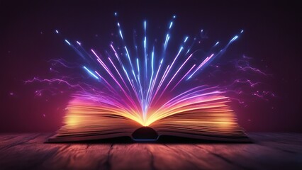 Opened glowing book on a wooden surface with magic sparks and electricity flying out of the pages, dark background