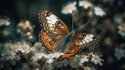 Obraz premium Brown butterfly with closed wings on a white flower.