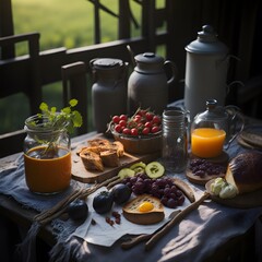 Capture the wholesome charm of a farm breakfast, featuring fresh ingredients in a rustic morning harvest setting.
