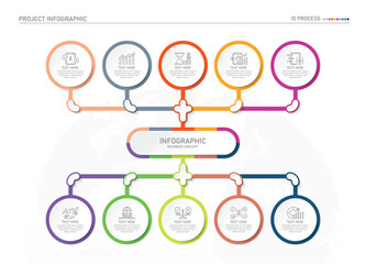 Infographic process design with icons and 10 options or steps.