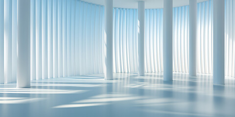 Schöner leerer Raum in türkis blau Farben mit Säulen und Lichtspiel im Querformat für Banner, ai generativ