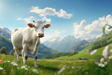 Fototapeta na wymiar White cow on a green meadow with mountains in the background. Generative AI