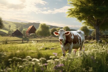 White cow on a green meadow with mountains in the background. Generative AI