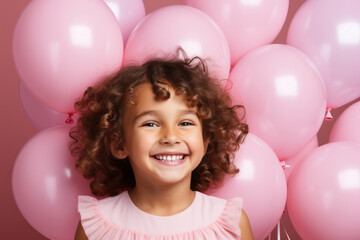 Fototapeta na wymiar Little happy girl in pink balloons for her birthday
