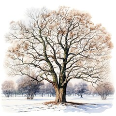 Watercolor tree illustration, empty tree drawing isolated on white.