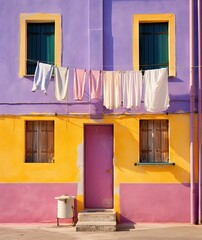 some colorful buildings with clothes hanging out to dry on the washing line, in front of an open door and window
