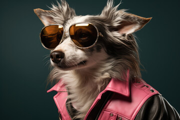 Stylish hipster fashion dog in leather jacket and sunglasses