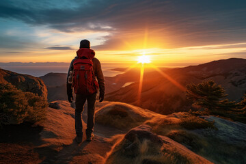 A person captures a breathtaking sunset as they hike, appreciating the beauty of nature and its positive impact on mental wellbeing. Generative Ai.