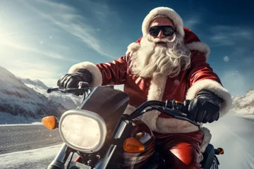 Fotobehang Motorfiets Santa claus biker on a motorcycle in a hurry for christmas