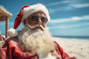 santa claus relaxing on a tropical beach, concept of christmas, new year. Copy space for text