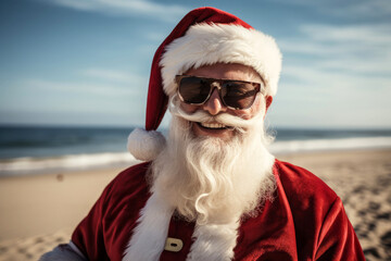 Obraz premium santa claus relaxing on a tropical beach, concept of christmas, new year