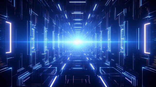 3D Futuristic abstract background. Motion graphic for abstract data center, server, internet, speed. Futuristic HUD tunnel. Display screens for tech titles and background, news headline. 3D render