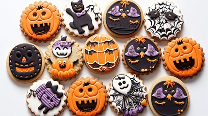 halloween cookies on a white surface with pumpkins, ghosts and bats in the middle one is decorated with royal icing - Powered by Adobe