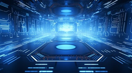 3D Futuristic circuit background. Motion graphic for abstract data center, server, internet, speed. Futuristic HUD tunnel. Display screens for tech titles and background, tech headline. 3D render