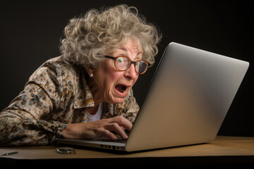 Surprised, shocked old woman with open mouth at laptop